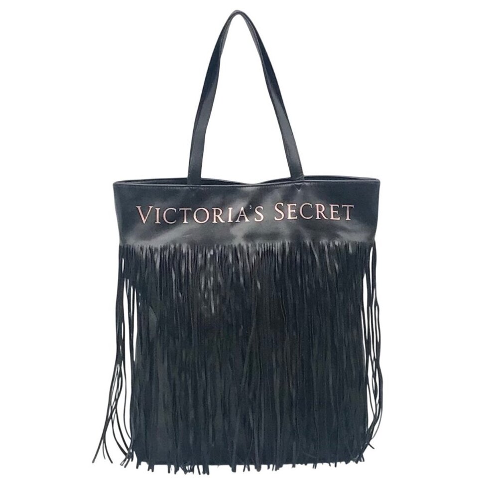 Victoria Secret Black Faux Leather Fringe Shoulder Bag